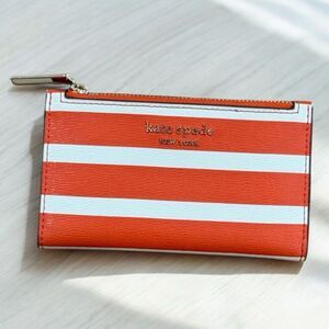 Kate Spade Small Slim Bifold Wallet Spencer Stripe Orange and White